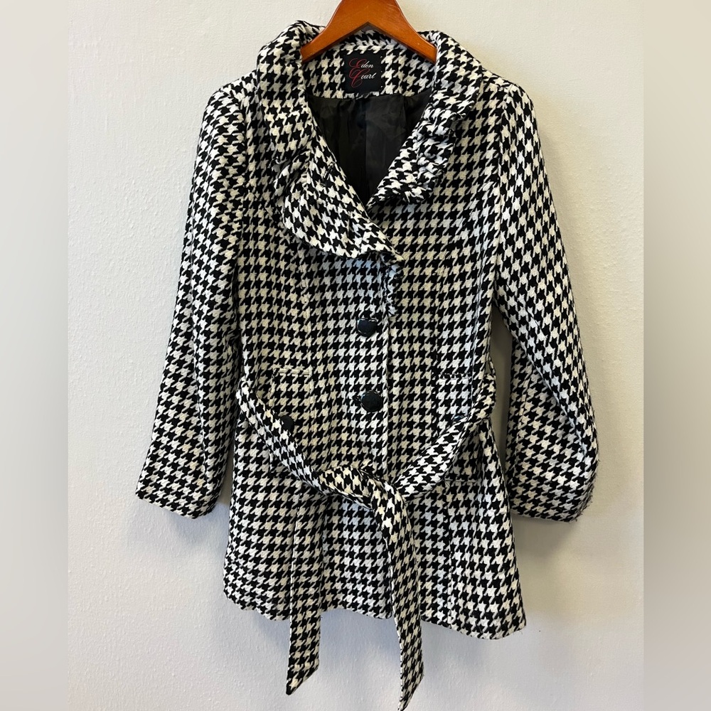 Houndstooth Peacoat Jacket Eden Court Belted Wrap Coat Black White Retro Chic M
